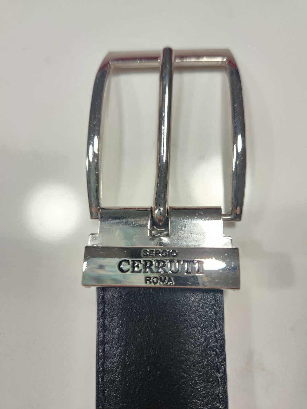 Sergio Cerruti Men's Black Leather Belt with Polished Silver Buckle